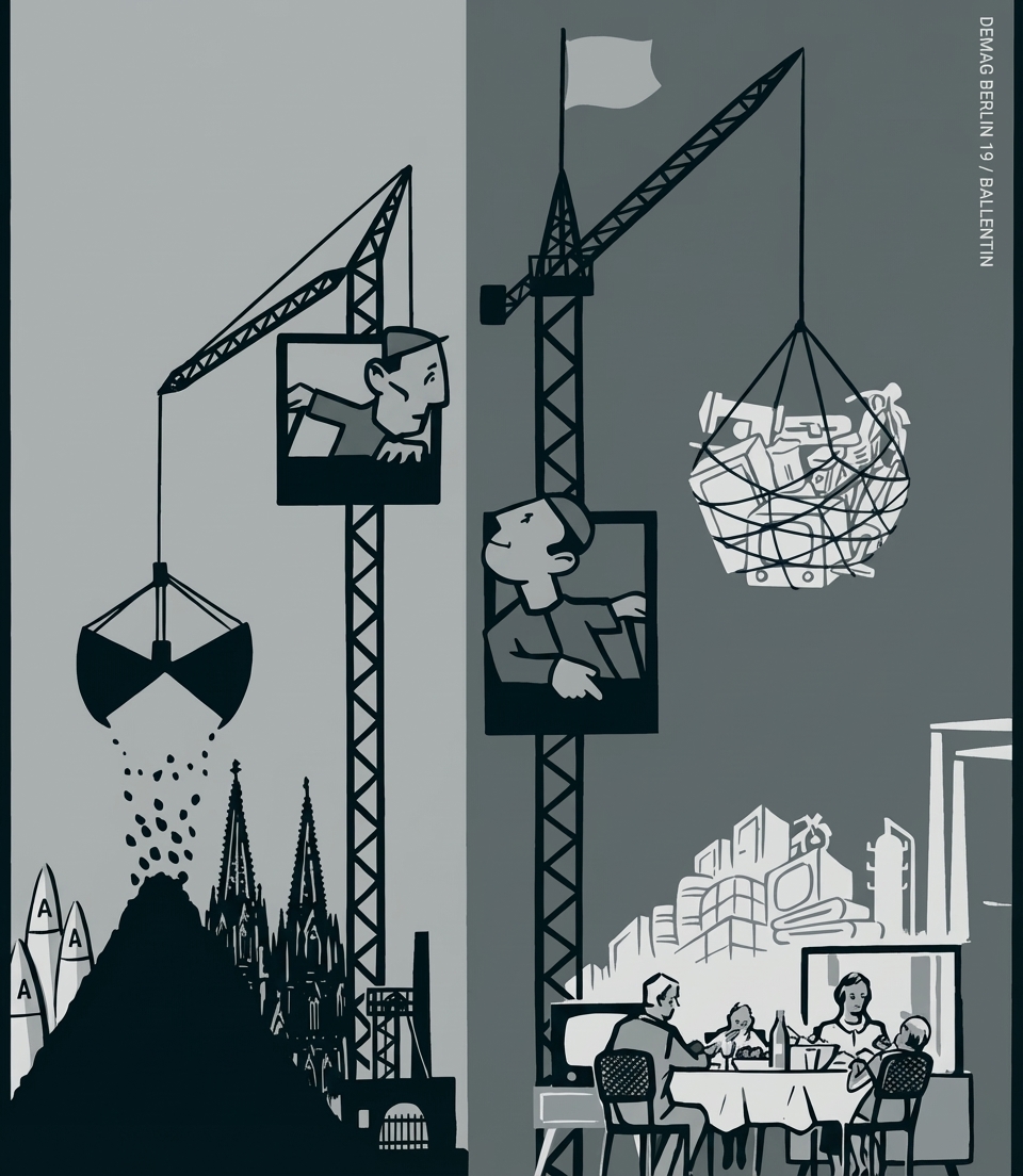 Grafische Illustration mit Baukränen, Arbeitern und schwebenden Lasten, Stadtsilhouette im Hintergrund und Familie am Esstisch.